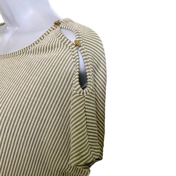 Ava James Striped Knot Front Short Sleeve Top Gold Button Accents Women's Medium - Picture 6 of 11